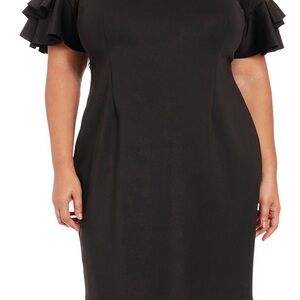 London Times Black Midi Dress with Ruffle Sleeves